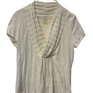 Deletta Anthropologie Ivory Slub Cotton V-Neck Top Textured Trim Size M